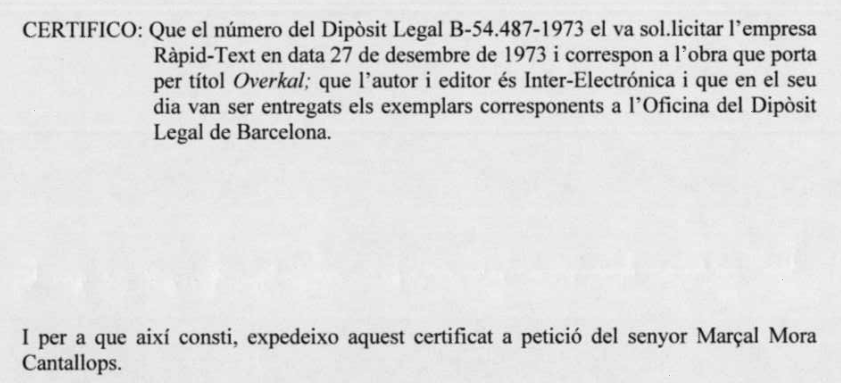 Certificado de déposito legal de la Overkal