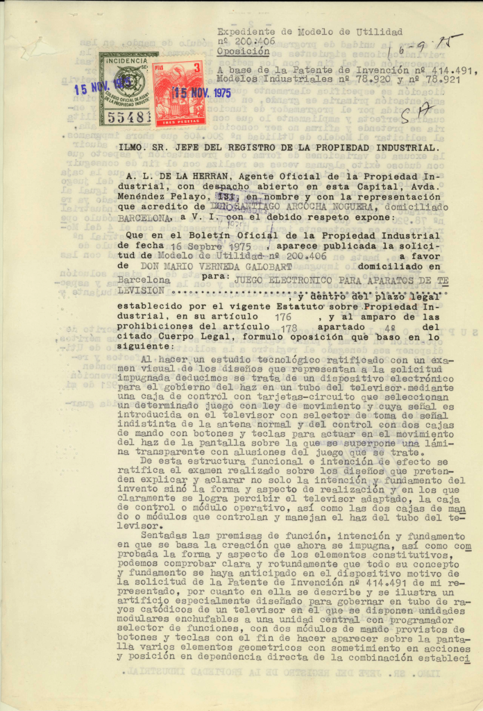 Reclamación de la patente de Mario Verneda por la de Santiago Arcocha (1975)