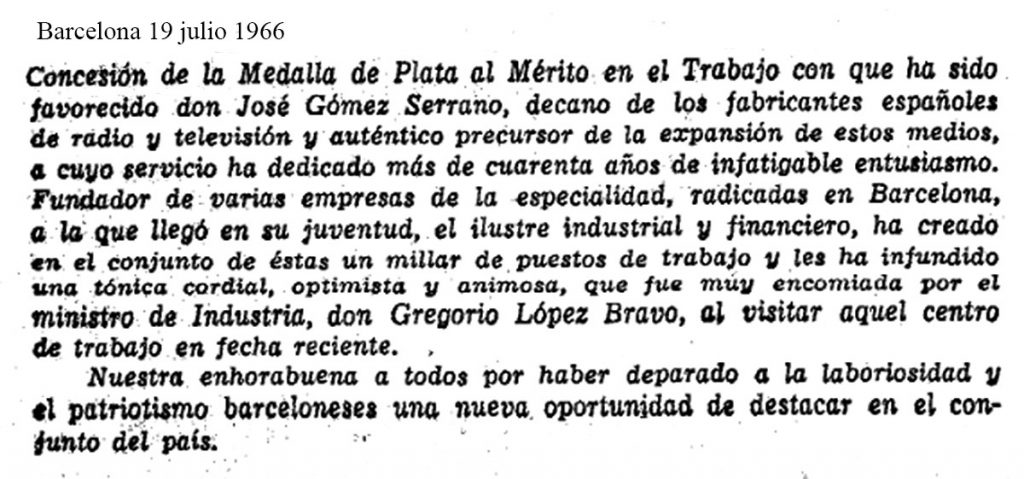 Noticia de concesión de Medalla de Plata en el Mérito en el Trabajo a José Gómez Serrano (1966)