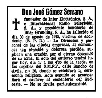 Esquela de fallecimiento de José María Gómez Serrano