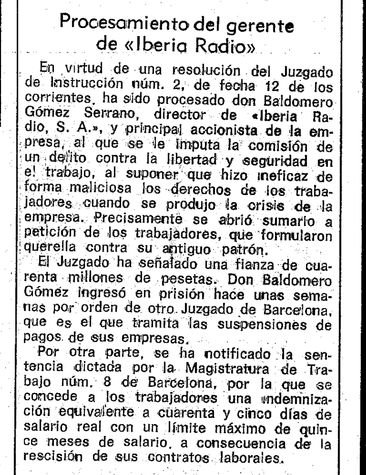 Noticia encarcelamiento de Baldomero Gómez Serrano de La Vanguardia (1976)